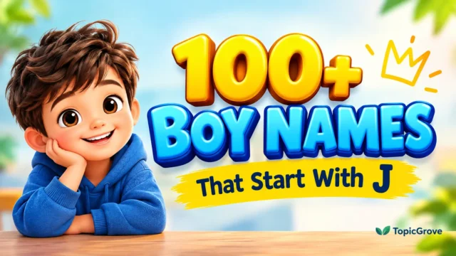 100+ boy names that start with j featured image with colorful 3D text and a smiling cartoon boy.